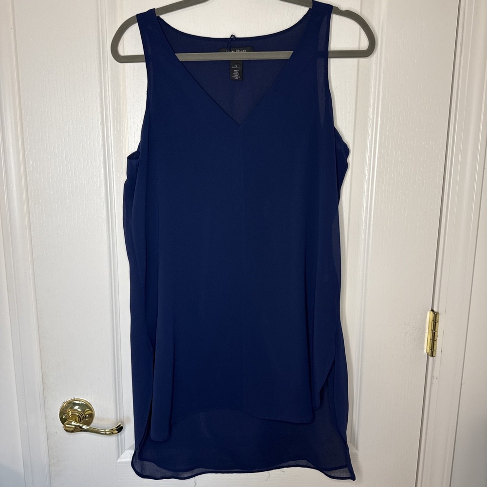 White House Black Market WHBM Navy Blue Chiffon Sleeveless Dress Small V-Neck